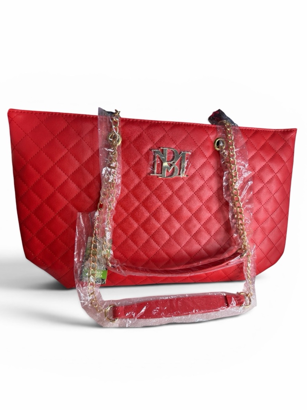 Badgley mischka Quilted Red Tote Bag with Chain Straps
